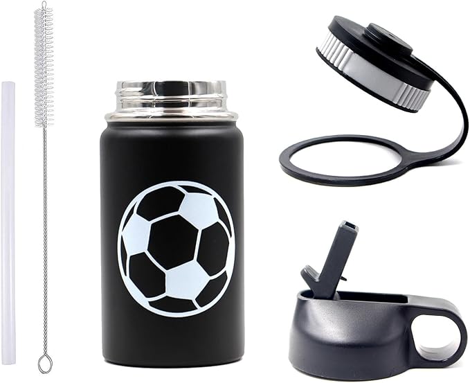 12 oz Soccer Water Bottle, Sports Flask Metal Thermo Travel Tumbler with 2 Lids, BPA Free 18/8 Stainless Steel Leak Proof Double Wall Vacuum Insulated Water Bottles, Soccer Gifts for Boys Girls Player