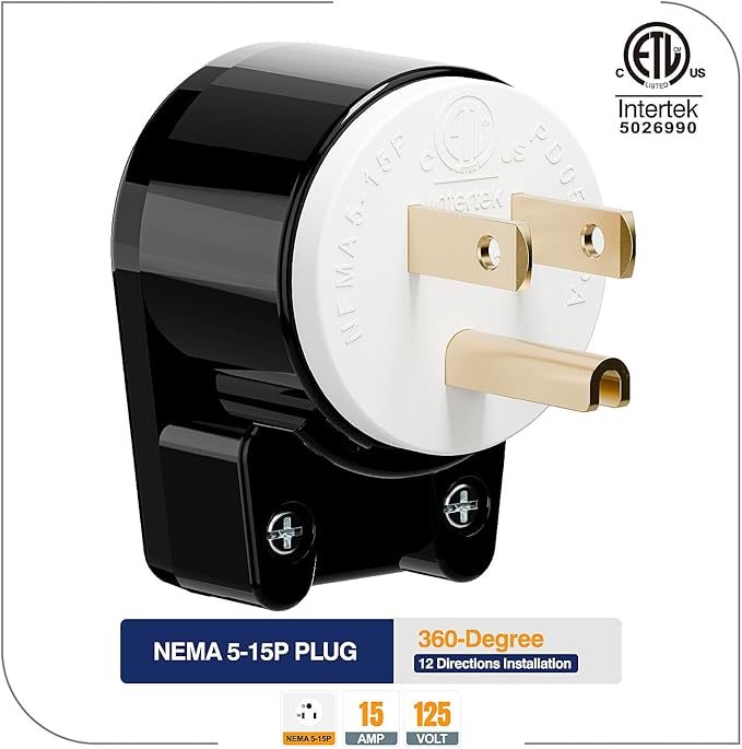 ETL Listed 90 Degree USA Canada Male Plug Nema 5-15P 3 Pole Angle DIY, 15A 125V USA 3Pin Right Angle AC Plug, Nema 5-15P Angled Rewireable
