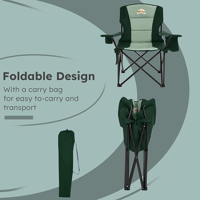 Colegence Heavy Duty Camping Chair for Adults Set of 2, Oversized Heavy People Foldable Padding Outside Camp Chairs, with Cooler Bag Cup Holder, Side Pocket for Lawn,Sport,Outdoor,Dark Green