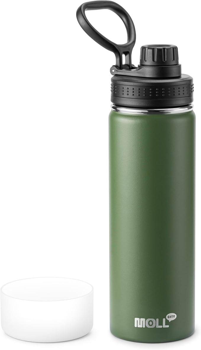 Insulated Water Bottle-22 oz Stainless Steel Vacuum Wide Mouth Sports Water Bottle with Silicone Boot-Reusable Metal Leak Proof Travel Water Flask for Boys (Grass Green)