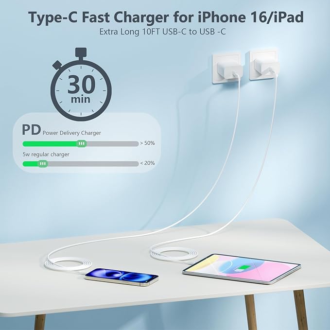 10FT for iPhone 17 16 15 Original Charger Fast Charging, Long USB C to C Charger Cable Cord with 20W Type C Fast Charger Block for iPhone 17 Pro Max/17Pro/16e/16 Pro/16 Plus/15/15 Pro max,iPad 3Pack