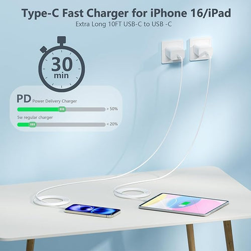 10FT for iPhone 17 16 15 Original Charger Fast Charging, Long USB C to C Charger Cable Cord with 20W Type C Fast Charger Block for iPhone 17 Pro Max/17Pro/16e/16 Pro/16 Plus/15/15 Pro max,iPad 3Pack