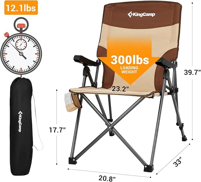 KingCamp 3-Position Adjustable Camping Chairs Heavy Duty High Back Oversized Chairs for Outside Portable Padded Backrest Camp Chair (Khaki/Coffee)