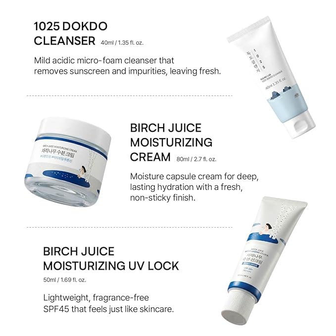 ROUND LAB Hydrating Skin Care Gift Set - UV Lock Sunscreen + Moisturizer + Face Wash Mini Size, Daily Skin Care Routine with Hyaluronic Acid, Travel essentials, Gifts for Women, Korean Skin Care Set