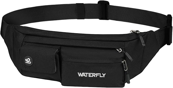 WATERFLY Small Crossbody Fanny Pack: 5 Pocket Slim Lightweight Waist Belt Hip Bag for Women Men Water Resistant Chest Pouch for Travel Hiking Running Walking Fit All Phones - Black