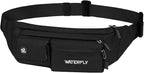 WATERFLY Small Crossbody Fanny Pack: 5 Pocket Slim Lightweight Waist Belt Hip Bag for Women Men Water Resistant Chest Pouch for Travel Hiking Running Walking Fit All Phones - Black