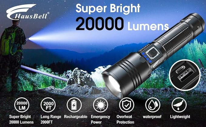HAUSBELL A100 Upgraded LED Flashlights 20000 High Lumens, Zoomable Bright Flashlight with 5 Modes, Long Range 2000ft, Waterproof Powerful Tactical Flash Light for Emergency, Camping Gear, Hiking