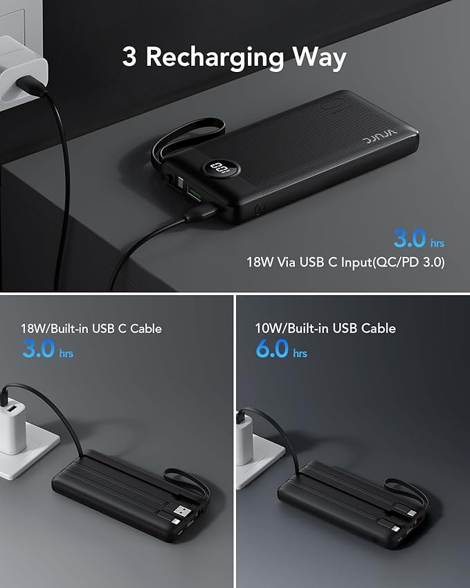 VRURC Portable Charger, 22.5W Power Bank 10000mAh, USB-C Cable in & Out Fast Charging Battery Pack, Compact Travel Essential 4 Outputs 3 Inputs for iPhone 16 15 14 13,Samsung, Android etc-Black