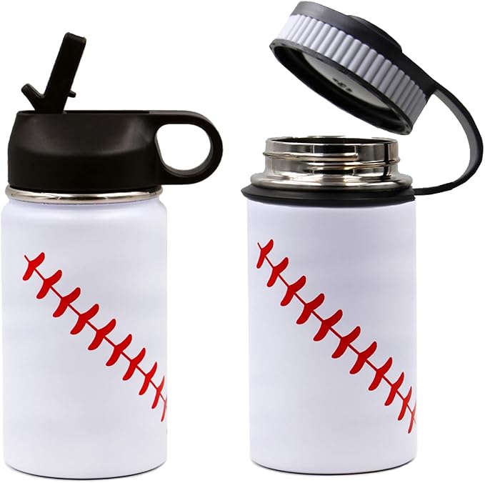 12 oz Baseball Water Bottle, Sports Cup Flask Metal Travel Mug with 2 Lids, Stainless Steel Double Wall Vacuum Leak Proof Insulated Water Bottles, Baseball Accessories Gifts for Boys Girls 8-12 Player