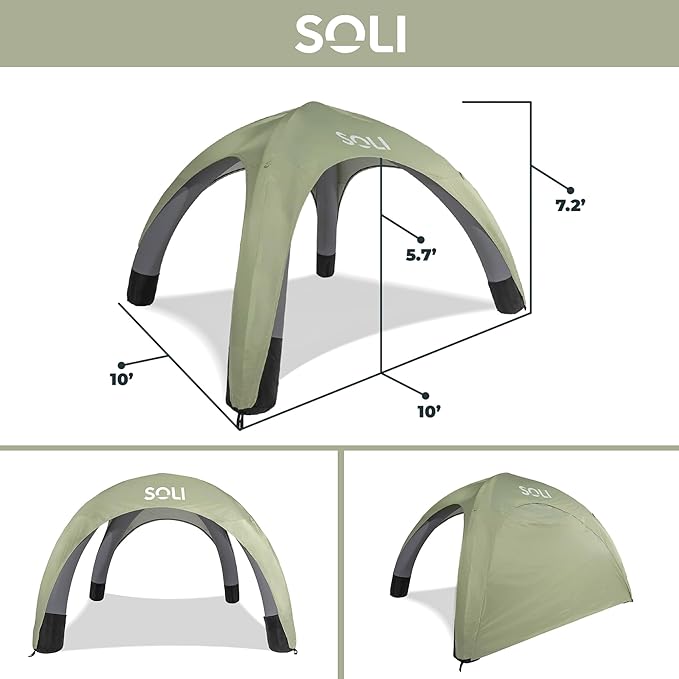 SOLI Inflatable Shade Air Canopy - Quick Self-Inflating Sun Shelter with Air Pump, UPF 50+ Sun Protection, Travel-Friendly, Stable Anchors for Beach, Camping & Backyard Use (Sage Green) - 10 ft
