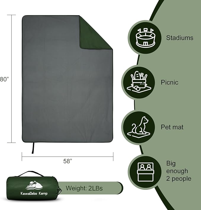 Fleece Waterproof Outdoor Blanket - Windproof Stadium Blanket for Camping, Picnics, and Sports Stay Dry and Comfortable 80"x 58"(Green)