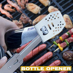 ROXON 4 in 1 Mini Folding BBQ Barbecue Combo Tool Set with Spatula, Fork, Tongs and Bottle Opener for Hiking Camping (Grey)