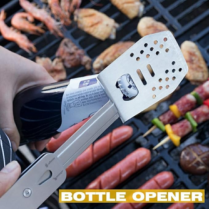 ROXON 4 in 1 Mini Folding BBQ Barbecue Combo Tool Set with Spatula, Fork, Tongs and Bottle Opener for Hiking Camping (Grey)