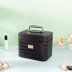 Fashion makeup box, Portable leather hard cosmetic case with mirror, Professional train case make up box for women adults. (Black)