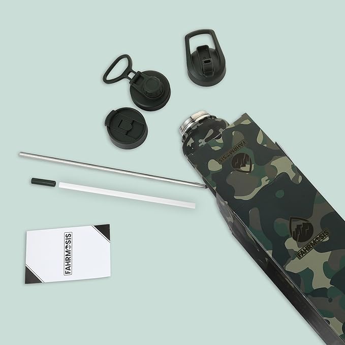 40 Oz Water Bottle with Straw Stainless Steel Sports Water Bottle with 3 Lids (Straw, Chug and Flip Lid) Insulated Leak Proof Metal Jug for Men & Women - Camo