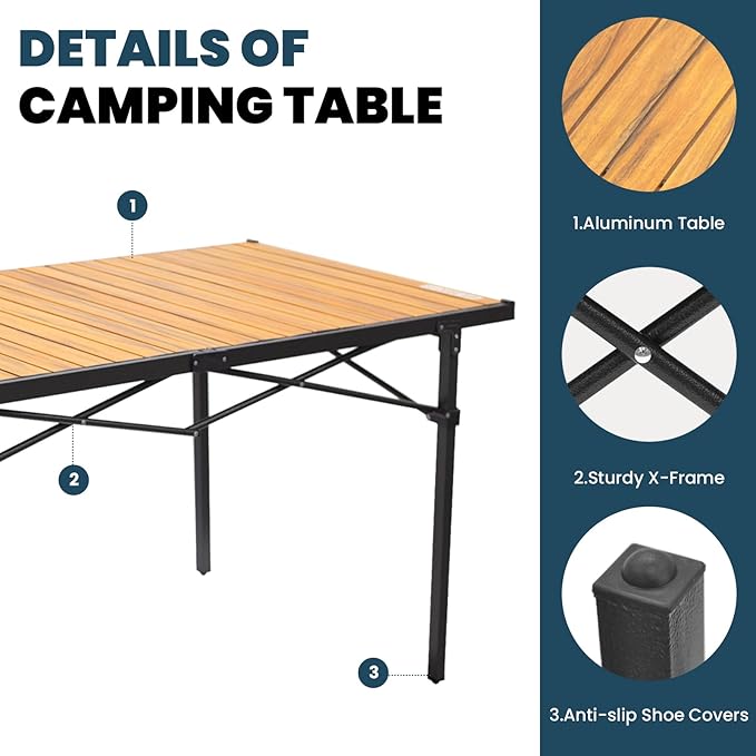 WILDROOTS Folding Camping Wood Grain Brown Table with Carry Bag, Lightweight Aluminum Table for Outdoor, Camping, Picnic, Cooking, Backyards, BBQ (XL)