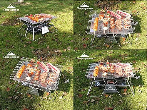 CAMPINGMOON Portable Camping Fire Pit Stainless Steel Foldable Collapsible BBQ Grill Wood Burning Charcoal 20x13-inch with Carrying Bag MT-3
