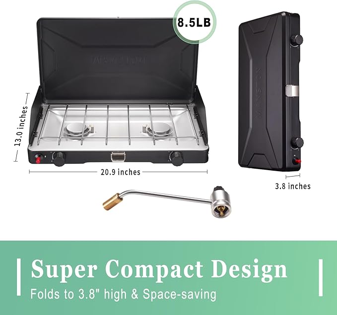 VANSTON 2-Burner Propane Camping Stove, 20,000 Total BTUs Portable Gas Camping Grill, Stovetop with Adjustable Burners, Wind Guards, Heavy-Duty Latch, Built-in Carrying Handle, Pressure regulator