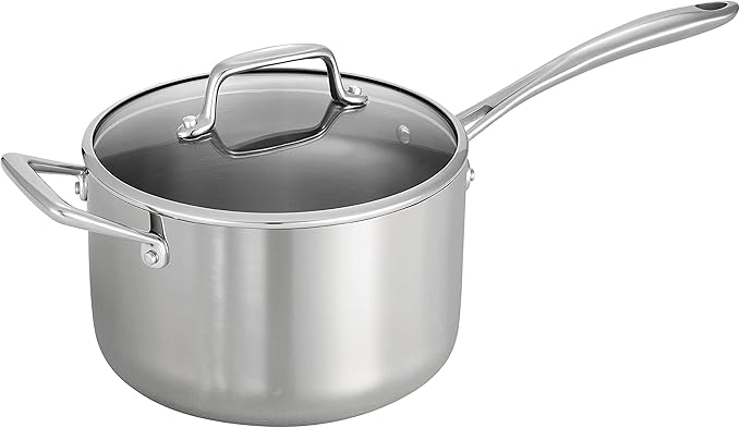 Tramontina Tri-Ply Clad Stainless Steel 4-Quart Sauce Pan with Glass Lid, Induction-Ready, Dishwasher-Safe, NSF-Certified, Made in Brazil