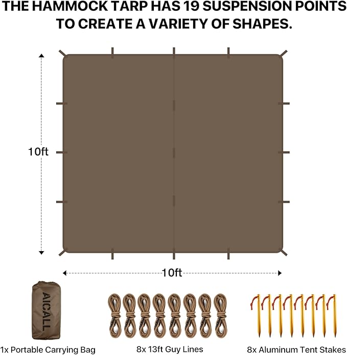 Waterproof Camping Tarp 10 x 10ft Survival Tent Backpacking Portable Tarp Multifunctional Anti-UV Shelter for Outdoor (Chestnut Brown)