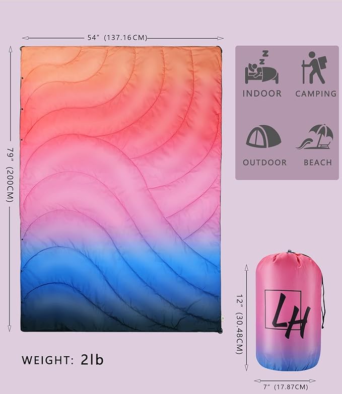 Outdoor Puffy Camping Blanket, Lightweight Down Alternative Puffy Waterproof Stadium Blanket with Portable Bag, Lightweight Camping Blanket for 2 People, Cold Weather, Sports, Travel, Car, 79*54 inch