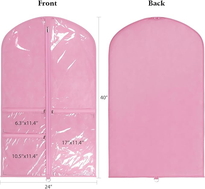 Univivi Dance Costume Bags Garment Bag 40 Inch Hanging Clothes for Dance Competitions, with 3 Medium Clear Zipper Pockets for Dance Costumes, Closet Storage (Pink, 2 Pack)