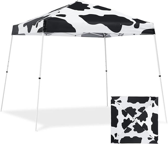 EAGLE PEAK 10x10 Slant Leg Pop-up Canopy Tent Easy One Person Setup Instant Outdoor Beach Canopy Folding Portable Sports Shelter 10x10 Base 8x8 Top (Cow Print)