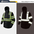 JKSafety Hi-Vis Reflective Safety Rain Jacket for Men Women Waterproof Rain Gears for Farming Fishing Work HV Rain Jacket with Inner Mesh Lining and Pockets (117A-Black XL)