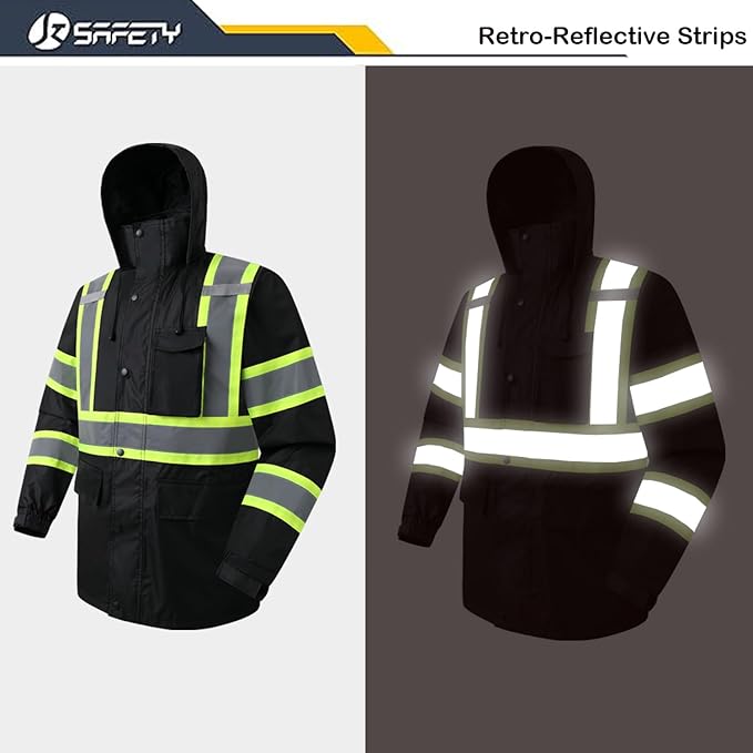 JKSafety Hi-Vis Reflective Safety Rain Jacket for Men Women Waterproof Rain Gears for Farming Fishing Work HV Rain Jacket with Inner Mesh Lining and Pockets (117A-Black XXL)
