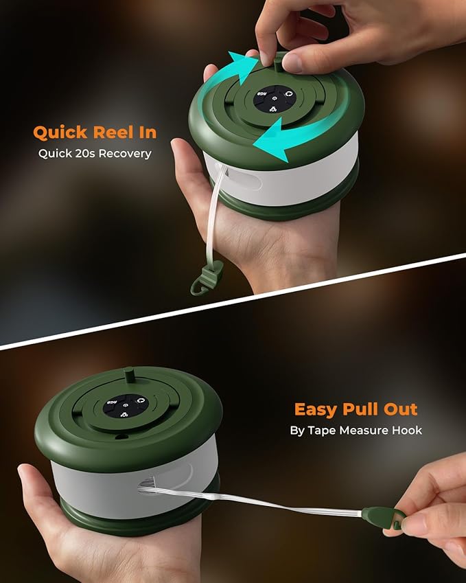 Camping String Lights, Retractable 32.8ft RGB Flash Lamp, Rechargeable Fairy LED Rope Lights Outdoor Waterproof, Portable Hanging Lantern for Outside Tent Patio Awning Garden RV Essentials