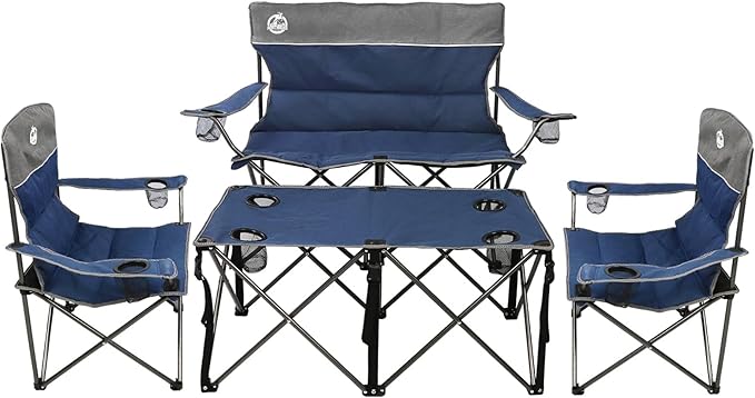 Northroad Folding Camping Chair Set of 4,Portable Collapsible Conversation Set w/1 Sofa,2 Single Chairs and 1 Table for Family Patio,Outdoor Travel,Beach(Blue)