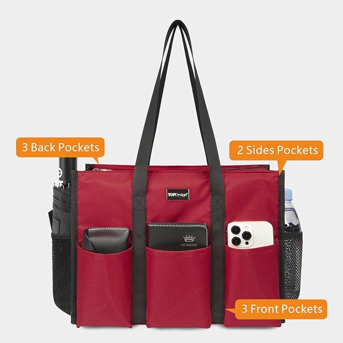 TOPDesign Utility Water Resistant Tote Bag with 13 Pockets, Top Zipper Closure & Thick Bottom Support, for Working Women