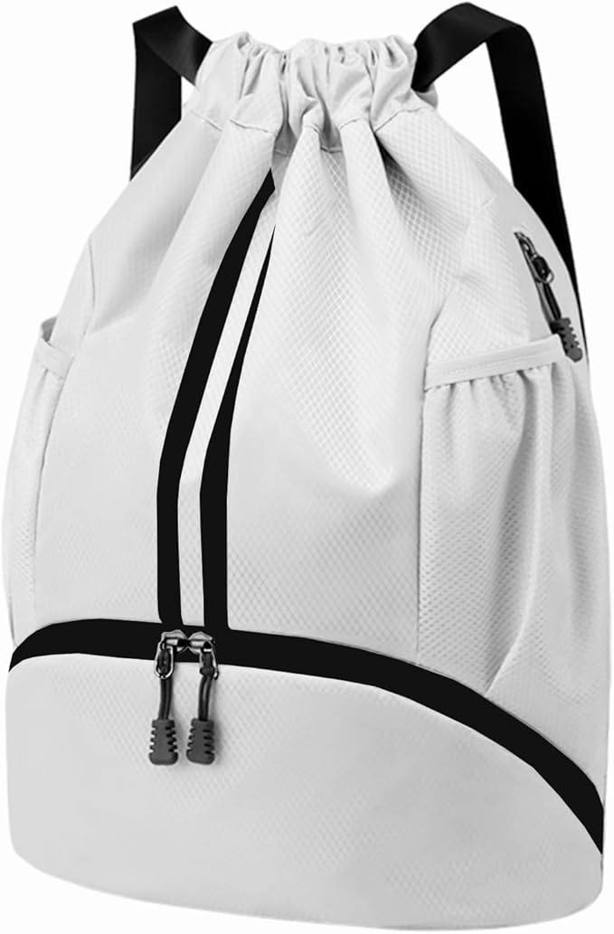 Hoedia Sports Drawstring Backpack - String Swim Gym Bag with Shoes Compartment and Wet Proof Pocket for Women/Men (White)