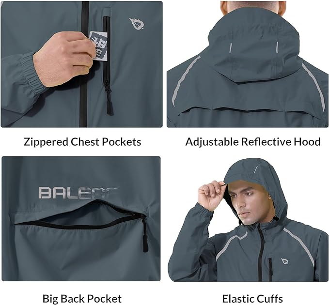 baleaf Men's Rain Jacket Waterproof Windbreaker Raincoat Running Cycling Hiking Gear Hood Lightweight Reflective Packable
