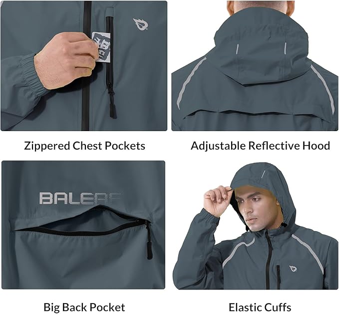 baleaf Men's Rain Jacket Waterproof Windbreaker Raincoat Running Cycling Hiking Gear Hood Lightweight Reflective Packable