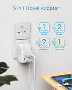 1 Pack UK Adapters for Travel, VINTAR Foldable Ireland Plug Adapter, Type G Pulg Adapter with 2 Outlets and 3 USB Ports(2 USB C), 5 in 1 UK Power Adapter for US to England London Scotland Hong Kong