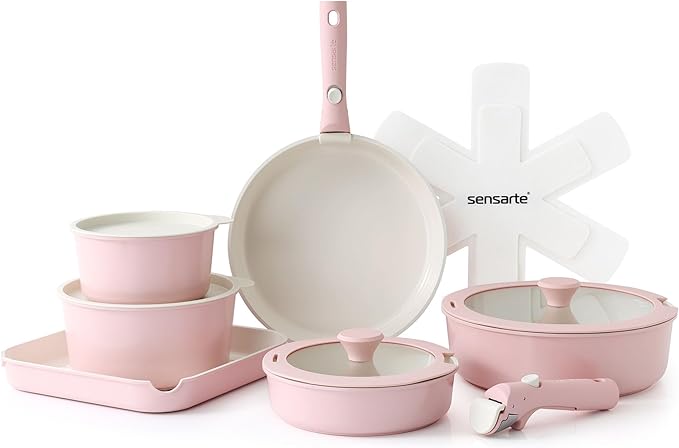 SENSARTE 17 Piece Ceramic Pots and Pans Set, Nonstick Detachable Handle Cookware, Induction Kitchen Cookware Set with Removable Handle, Dishwasher ＆ Oven Safe (Pink)