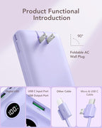 VRURC Portable Charger 20000mAh, Fast Charging Power Bank USB C,4 Output 2 Input Travel Essentials Charging Bank Equipped with LED Display,Built-in Wall Plug and Cables,Phone Charger Battery,Purple