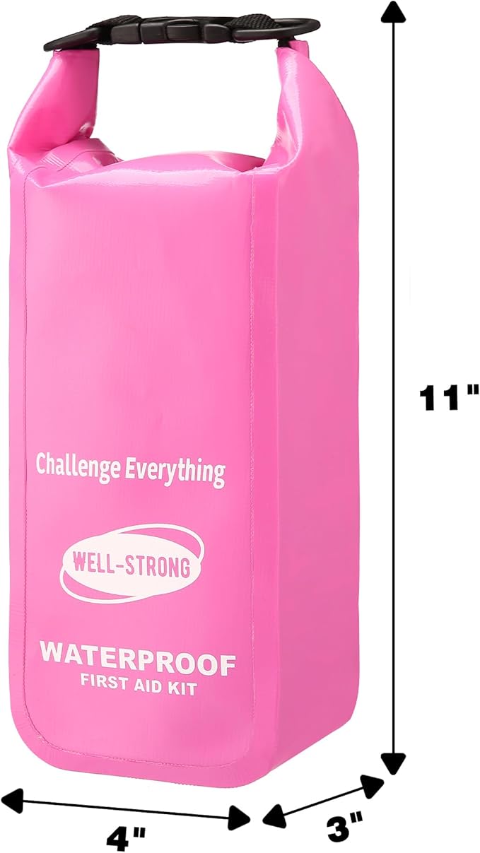 Waterproof First Aid Kit Roll Top Boat Emergency Kit with Waterproof Contents for Fishing Kayaking Boating Swimming Camping Rafting Beach Pink