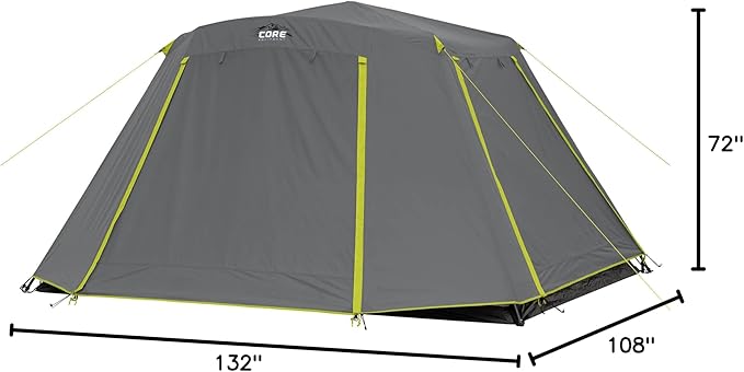 CORE Instant Cabin Tents | 6 Person / 9 Person / 10 Person / 12 Person Family Cabin Multi Room Pop Up Tents Car Camping | Included Storage Pockets for Camping Accessories