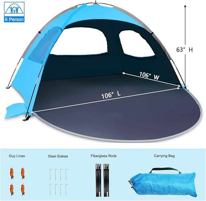 NXONE Beach Tent Sun Shade Shelter for 3/4/6 Person Person with UV Protection, Extended Floor, 3 Mesh Roll Up Windows & 8.0/8.5mm Fiberglass Rods丨Carry Bag Included