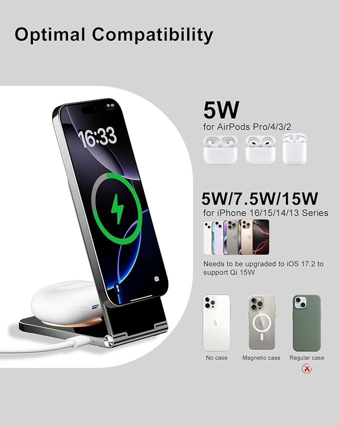 2-in-1 Wireless Charging Station, 15W Fast Mag-Safe Wireless Charger Compatible with iPhone 17 16 15 14 13 12 Pro Max, Foldable Portable Phone Charger Stand with USB-C Cable (No AC Adapter)