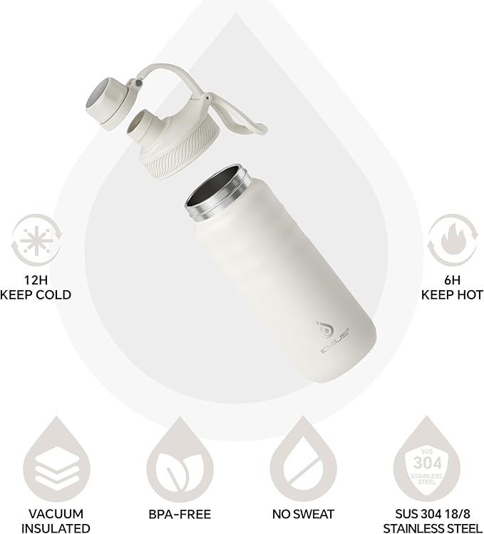 IDEUS Insulated Stainless Steel Water Bottle with 2 Leak-Proof Lids, Thermal Water Flask for Hiking Biking, 18oz, White