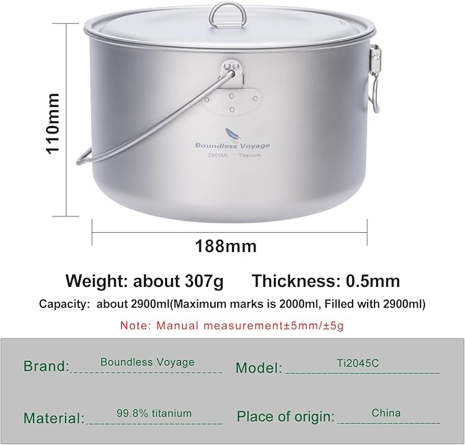 iBasingo Titanium Camping Pot with Lid 2.9L Ultralight Backpacking Cookware with Foldable Handle for Hiking, Picnic & Outdoor Durable Portable Metal Cooking Ti Hanging Pot Ti2045C