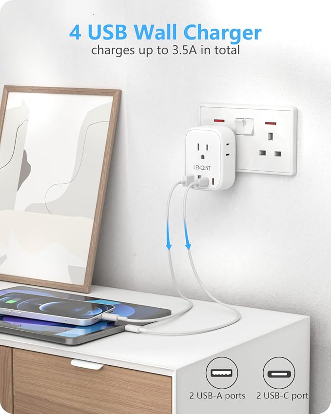 LENCENT US to UK Ireland Travel Plug Adapter, Grounded Type G Adapter for Travel with 4 Outlets 4 USB Ports(2 USB C), Power Plug for USA to Dubai Scotland British London England Hong Kong Singapore