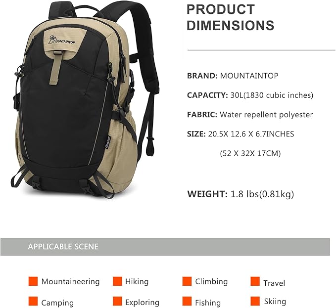 MOUNTAINTOP 30L Hiking Backpack,Men Women Camping Backpack,Lightweight Trekking Travel Backpacks for Climbing Skiing Cycling