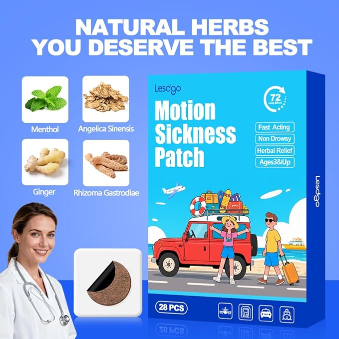 Motion Sickness Patches (28 Count) for Car and Boat Rides, Ships, Cruise and Airplane & Other Forms of Transport - Travel Essentials