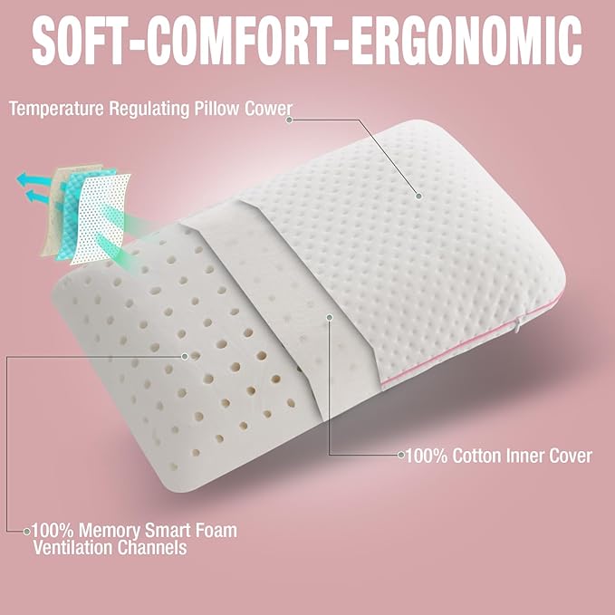 Travel & Camping Comfortable Memory Foam Pillow – Easy to Carry Portable Bag – Temperature Regulating Pillow Case (Pink + Extra Cover)