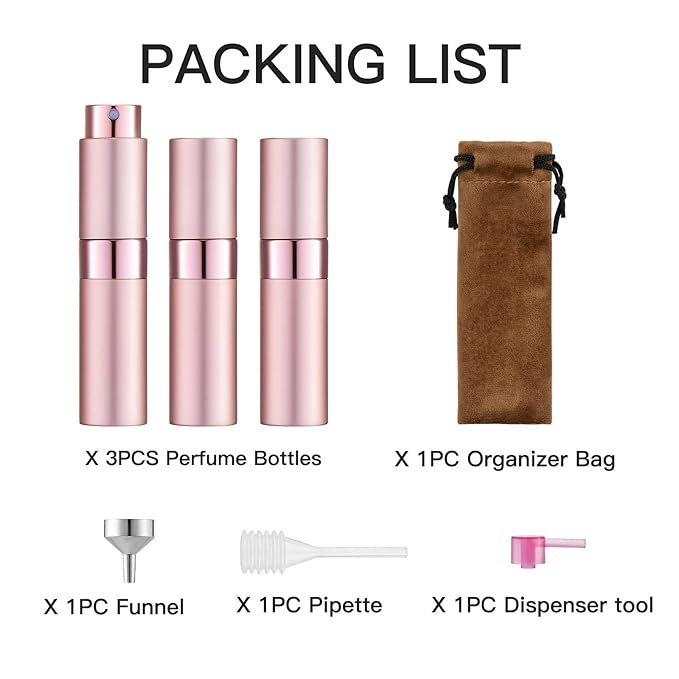 LISAPACK 8ML Atomizer Perfume Spray Bottle for Travel (3 PCS) Empty Cologne Dispenser, Portable Sprayer (Pink)