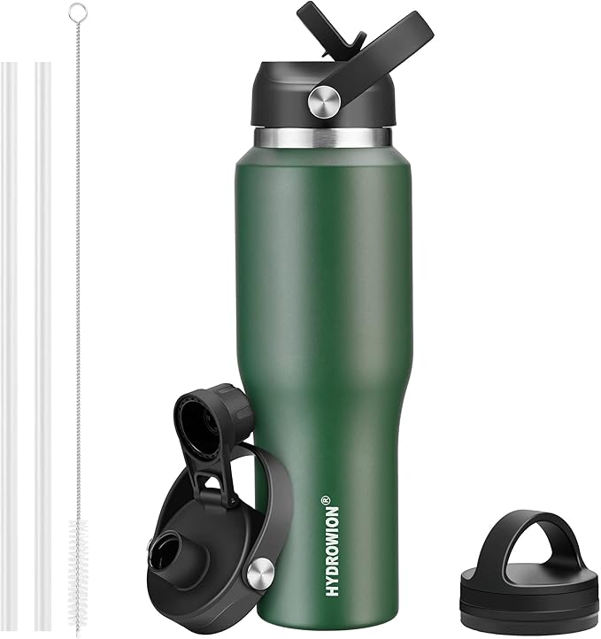 HYDROWION Water Bottle Insulated,32oz Water Bottles Straw Lid, Spout Lid and Flex Cap, Tumbler Flask (Cold for 48 Hrs, Hot for 24 Hrs), Leakproof Travel Thermo Mug, Fit Any Car Cupholder, Olive
